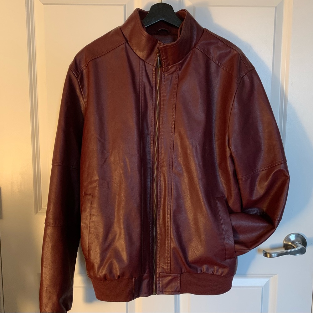 Men’s dark red vegan leather jacket plush lining